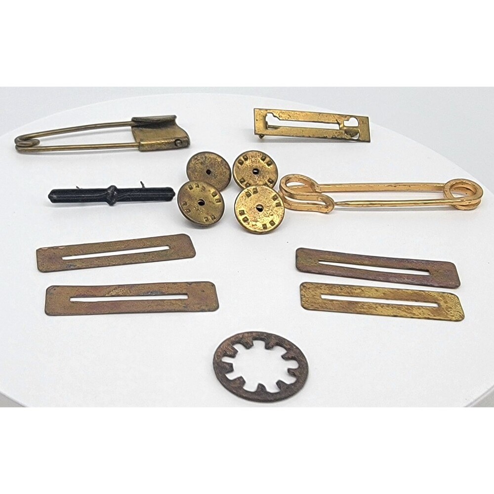 Vintage Military Uniform Garment Hardware Lot Brass Buttons Pins Clips Fasteners